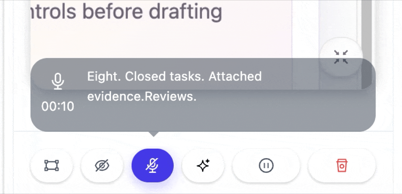 Turn on the microphone while recording, and narration becomes editable text.